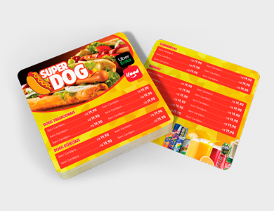 Cardápio com 2 Páginas (1 Folha) em PVC 0,3mm Verniz Total Frente e Verso 14,4x14,4cm - 4x0 - 25 unid